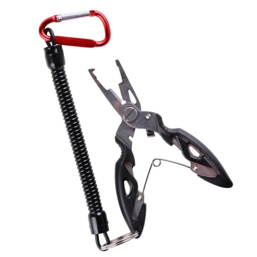 Alicates multifuncionales para pesca de plata, 12 x 5 cm, con resorte y mosquetón, alicates de acero inoxidable para cortar línea, engarzar y quitar anzuelos