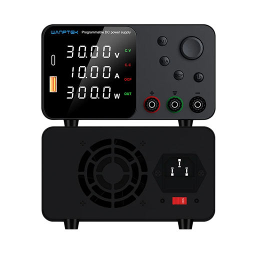 Alimentatore da laboratorio nero orizzontale 30V 10A 300W Alimentatore DC con display LED USB-C USB-A Regolazione della tensione Memoria M1 M2 M3