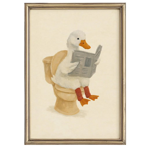 Alkuperäinen seinäjuliste ankka wc:ssä lukemassa sanomalehteä 20 x 30 cm kangaspainatus pehmeä juliste ilman kehystä hauska koriste kylpyhuoneeseen