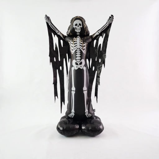 Álló felfújható léggömb Csontváz fekete köpenyben kibővített palásttal 91 x 150 cm 4 lábú talapzat Fekete és fehér Halloweeni dekoráció