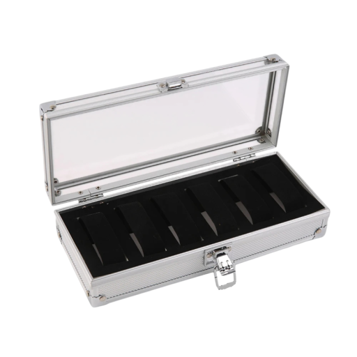 Aluminium-Uhrenkoffer mit 6 Fächern 30,5x12x6,5 cm mit Glasfenster silber für die Aufbewahrung und Präsentation von Uhren