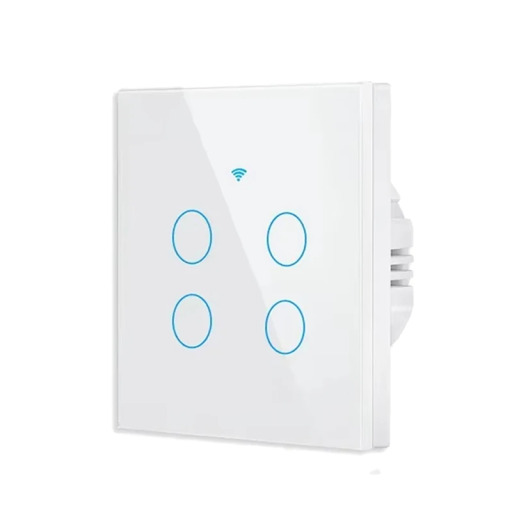 Älykäs kosketusseinäkytkin WiFi 220V 4-napainen, ohjaus iOS/Android-sovelluksella. Yhteensopiva 433MHz:n kanssa. Lasipaneeli 8,6 x 8,6 cm.
