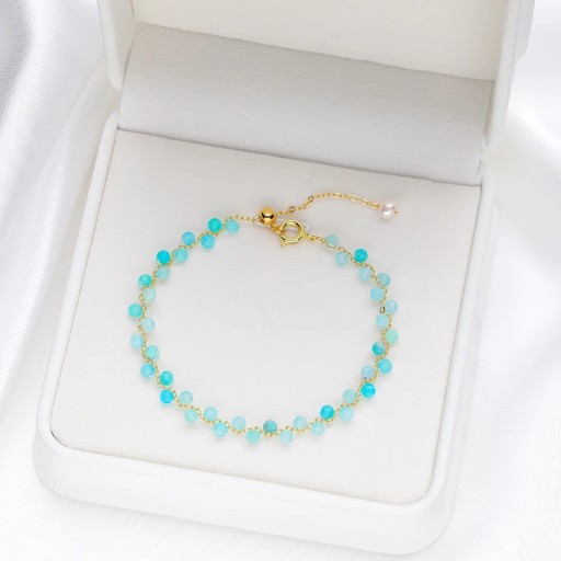 Amazonite Bracelet for Women with Faceted Turquoise Beads Gold-Coloured Chain 16 - 20 x 3 mm Stone with Decorative Pearl Adjustable