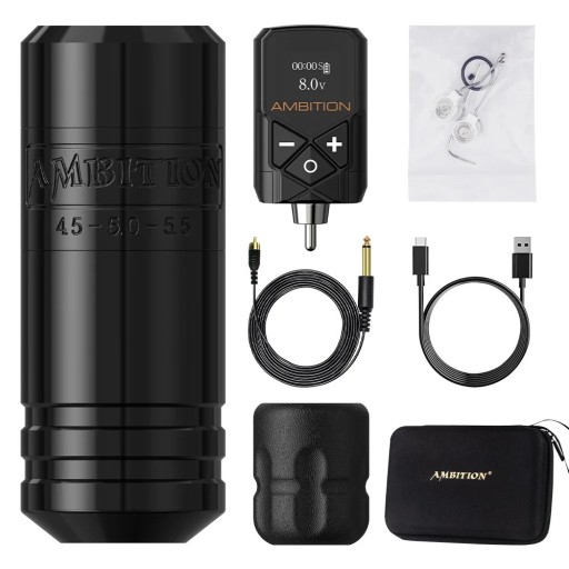 Ambition Torped-36 vezeték nélküli tetováló toll készlet fekete kivitelben, kefementes motor, állítható emelés 4,5-5,5 mm, 2400 mAh