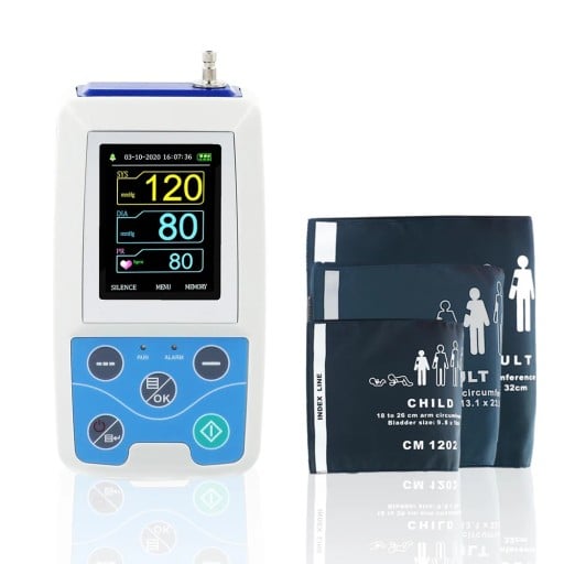 Ambulantní monitor krevního tlaku 24hodinový Holter na paži 3 manžety dětská dospělá i XL Barevný displej Bílá a modrá Pro celou rodinu