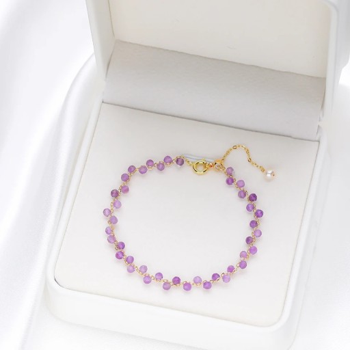 Amethyst Bracelet for Women with Cut Purple Beads Gold-Coloured Chain 16 - 20 x 3 mm Stone with Decorative Pearl Adjustable