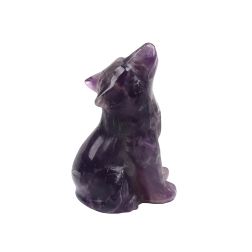 Ametisztből készült farkas figura 4 cm természetes kő lila polírozott ásvány dekoráció gyűjtőknek és belső használatra