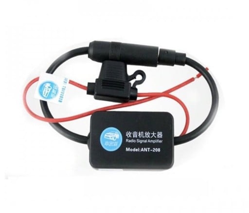 Amplificador de sinal de rádio para autorrádio Recepção FM e AM Alimentação 12 V Cabo com conector para antena e conector para rádio