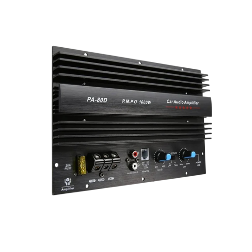 Amplificator auto PA-80D monofonic 1000 W (PMPO) 12 V 25,5 x 15,5 cm cu reglaj LPF metalic negru pentru subwoofer și basuri profunde în mașină
