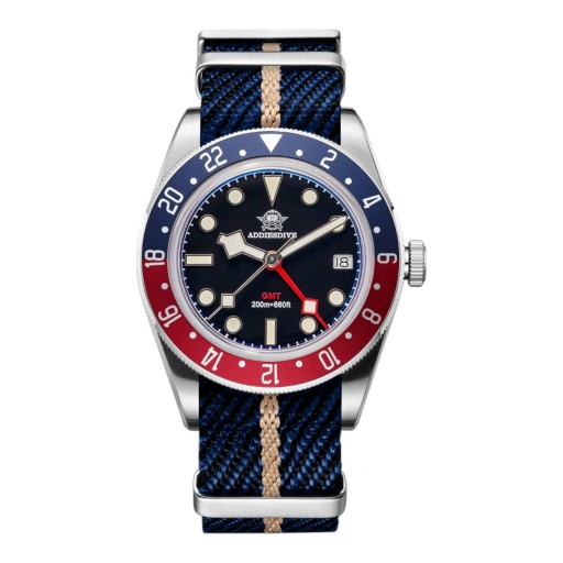 Ανδρικό ρολόι GMT με ημερομηνία Αδιάβροχο 200 μ Λαμπεροί δείκτες BGW9 Κάσα 39 mm Ανοξείδωτο ατσάλι 316L Νάιλον λουράκι NATO Για κολύμπι