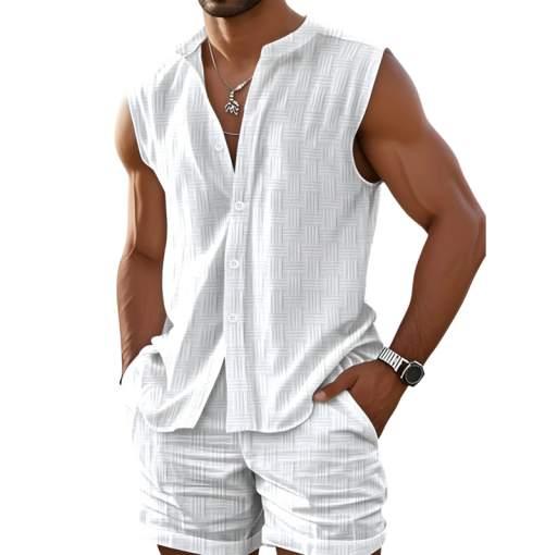 Ανδρικό σετ δύο τεμαχίων με αμάνικη πουκάμισο με γιακά και σορτσάκια με τσέπες από πολυεστέρα για καλοκαίρι, διακοπές και καθημερινή χρήση
