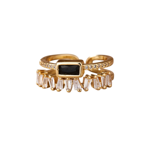 Anel duplo de luxo para senhora 2 mm Tamanho ajustável Anel aberto Aço inoxidável Forma gravada Pedrinhas Cristais Pedra preciosa retangular