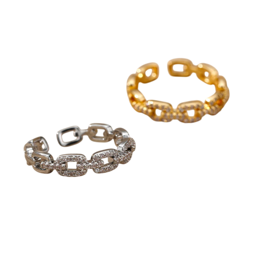Anello da donna regolabile 2 mm Design a catena aperto Catena piena decorata con pietre brillanti Gioiello elegante e alla moda per l'uso quotidiano