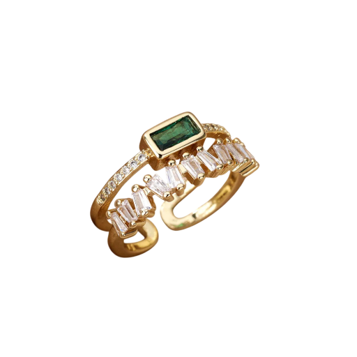 Anello doppio da donna di lusso 2 mm Taglia regolabile Anello aperto Acciaio inossidabile Forma incisa Pietre cristalli Gemma rettangolare