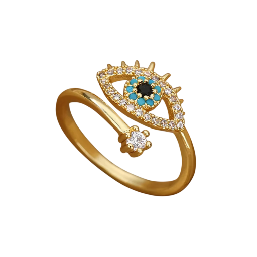 Anillo abierto ajustable para mujer de acero inoxidable y circonio Color dorado Ojo diabólico verde Joya elegante y delicada con piedras