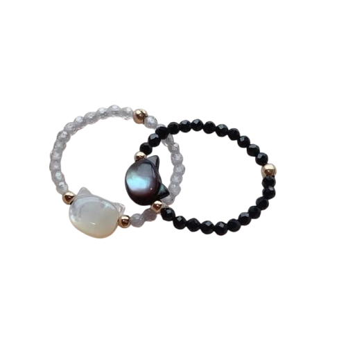 Anillo elástico de cuentas 1,8 mm Cabeza de gato de piedra lunar Resina y concha artificial Joyería de moda femenina hecha a mano