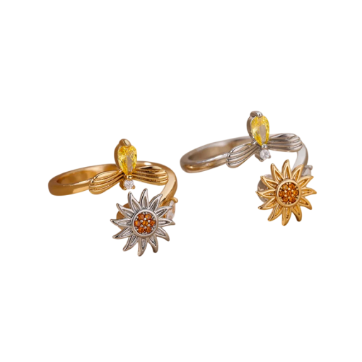 Anillo elegante para dama Espiral abierta Decoración de sol Piedras de colores Tamaño ajustable Anillo antiestrés Joyería de moda