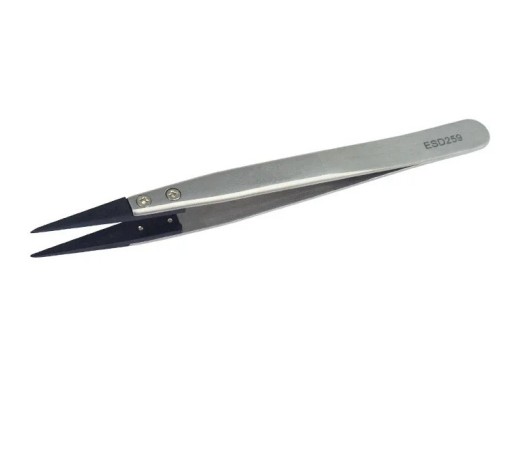 Antistatisk pincet ESD-259 med flade, udskiftelige plasthoveder og håndtag i rustfrit stål til service af ure og elektroniske komponenter