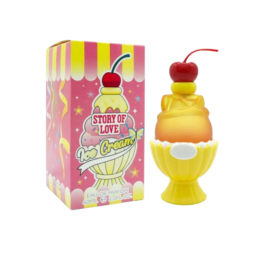 Apă de toaletă Story of Love Ice Cream parfum de desert 60 ml spray flacon galben în formă de cupă de înghețată pentru utilizare zilnică și ca cadou