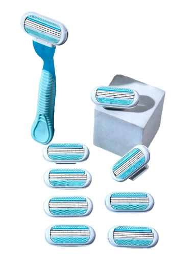 Aparelho de barbear azul para mulheres com oito cabeçais de substituição Depilação de pelos para mulheres