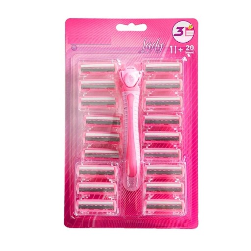 Aparelho de barbear feminino com vinte cabeçotes substituíveis em aço inoxidável Lâmina descartável para mulheres com 20 lâminas de substituição