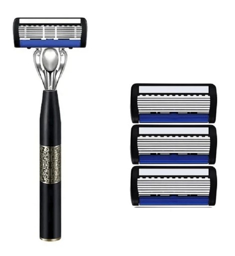 Aparelho de barbear manual masculino com cabeçotes intercambiáveis de sete camadas. Cabo de metal com três lâminas intercambiáveis em aço inoxidável