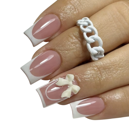 Aparência francesa natural com laços 24 pcs Unhas de acrílico autocolantes Forma quadrada Manicure DIY elegante para mulheres