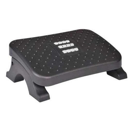 Apoio de pés ergonómico com rolos de massagem Cadeira de pés preta de plástico para mesa Cadeira de pés resistente com elementos de massagem para apoiar a circulação sanguínea Apoio para os pés no escritório para uma postura correta 28 x 7 x 39 cm
