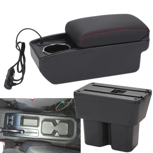 Apoyabrazos 32 x 15,5 x 14,5 cm para Suzuki Jimny JB74 2019–2024 Caja de almacenamiento Soporte para bebidas PU cuero ABS Deslizante USB USB-C Carga rápida Kit de instalación