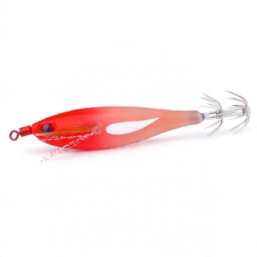 Appât pour seiche 8 cm 5,7 g Crevette artificielle lumineuse avec couronne double de hameçons Rouge et blanche Pour la pêche à la seiche, au calamar