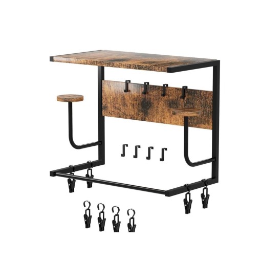 Appendiabiti da parete 43 x 25 cm altezza 43 cm con ripiano superiore, pannello posteriore e due supporti, ganci e clip per piccoli oggetti in legno marrone e metallo nero