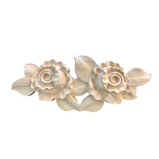 Applicazione in legno intagliata rosa doppia con foglie 16 × 7 cm legno massello decorazione naturale chiara per mobili ante