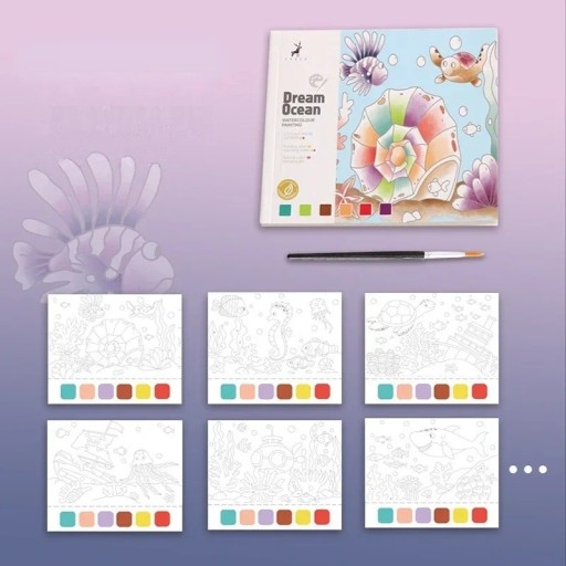 Aquarel kleurboek Dream Ocean 20 pagina's 13x15 cm papieren blauwpaars creatief boek met penseel voor schilderen