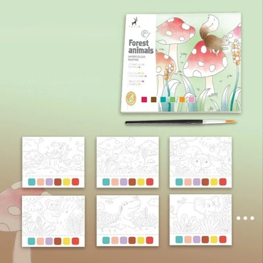 Aquarellmalbuch Waldtiere 20 Blätter 13x15 cm papier grün-beige kreatives Buch mit Pinsel zum Malen