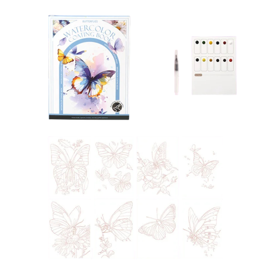 Aquarellmalset mit Schmetterlingsmotiven 18,6 × 14,2 cm Wasserfüllpinsel 12 Farben vorgedruckte Papiere für Zuhause und Reisen