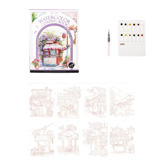 Aquarelset voor schilderen met motieven van cafés en stadsgezichten 18,6 × 14,2 cm waterkwast 12 kleuren voorgedrukte papieren voor onderweg