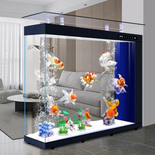 Aquário de Luxo 150 x 40 x 116 cm Grande aquário de vidro com divisória Vidro super branco Iluminação LED Filtração Ecrã inteligente