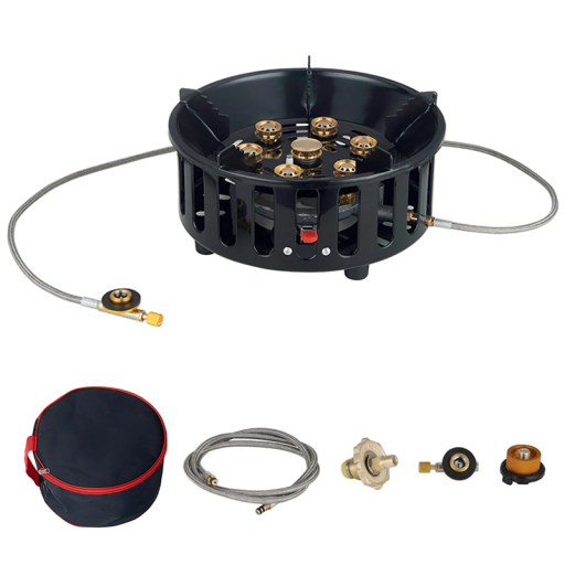 Aragaz de camping din oțel inoxidabil 19800W 7 arzătoare 23,5 x 10 cm Aragaz portabil pe gaz cu adaptoare și țeavă Ideal pentru drumeții și gătit în aer liber