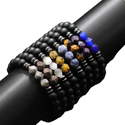 Armband van steen 19,5 cm 8 mm kralen zwarte onyx uitstraling hematiet en gekleurde steen elastische unisex armband