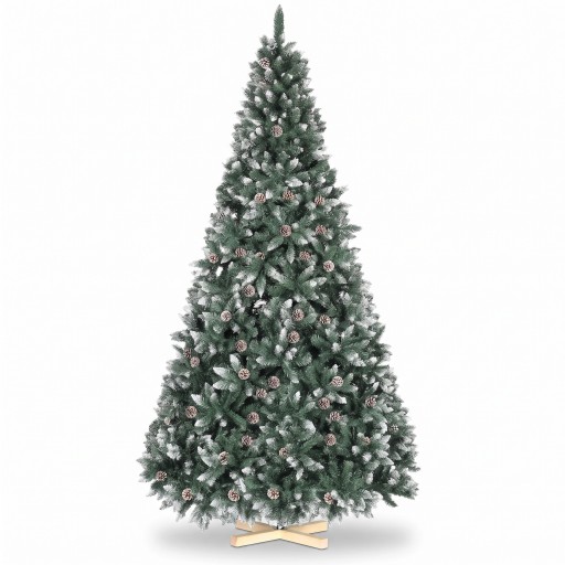Árvore de Natal Artificial Neve Com Pinhões Dobrável Altura 210 cm Base de Madeira 40 cm Verde e Branco Decoração para Casa