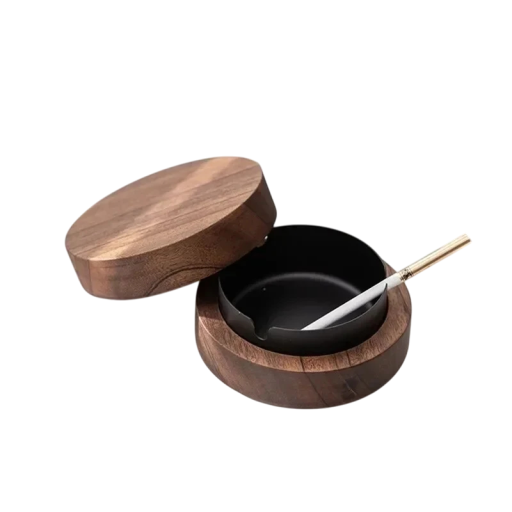 Asbak van notenhout 10 × 4,5 cm met deksel RVS binnen- en buitenasbak Elegante thuisasbak voor sigaretten en sigaren