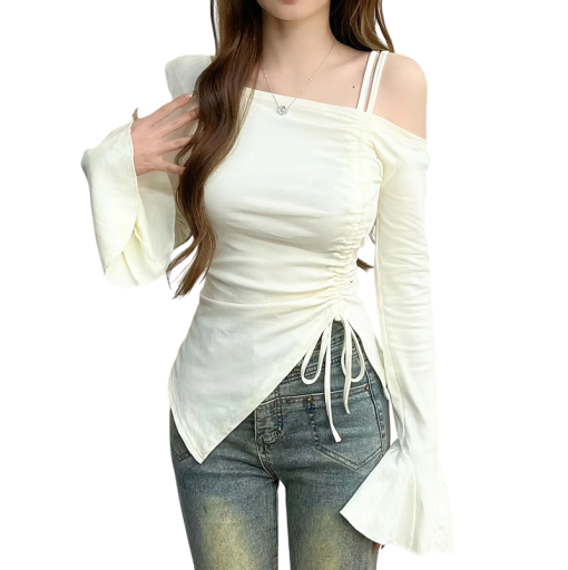 Asymmetrisches Damentop mit langen Ärmeln und Rüschen Elegante Bluse mit freiliegenden Schultern Verstellbarer Kordelzug Seitliche Falten Stilvolle Mode