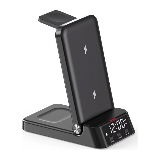 Ασύρματη βάση φόρτισης 3 σε 1 με ξυπνητήρι 15 W Αναδιπλούμενη βάση για iPhone Apple Watch και AirPods LED ρολόι Μαύρη Για κομοδίνο