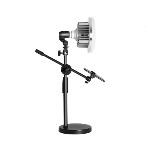 Asztali állvány 360°-ban forgatható karral, állítható magasságú telefontartóval és LED lámpával, 120 mm-es gomba alakú lámpával, videófelvételhez