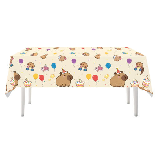 Asztalterítő 108 x 180 cm Kapybara születésnapi sapkával Party asztalterítő rajzolt kapybarákkal Dekoráció születésnapi ünnepséghez