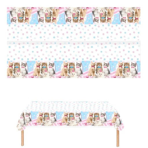 Asztalterítő 130 × 220 cm Parti asztalterítő macskás és mancsos mintával Kék-rózsaszín asztalterítő gyerek születésnapi ünnepséghez asztaldíszítés