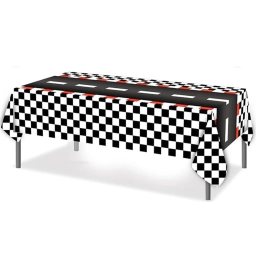 Asztalterítő 137 x 274 cm Verseny szalagos asztalterítő versenypályával a közepén Parti dekoráció gyermek születésnapra Motorsport téma