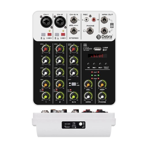 Audio-interface v4 met Bluetooth 4 kanalen 48 V fantoomvoeding USB en effecten DEL en REP geluidsmixer wit voor opname en streaming