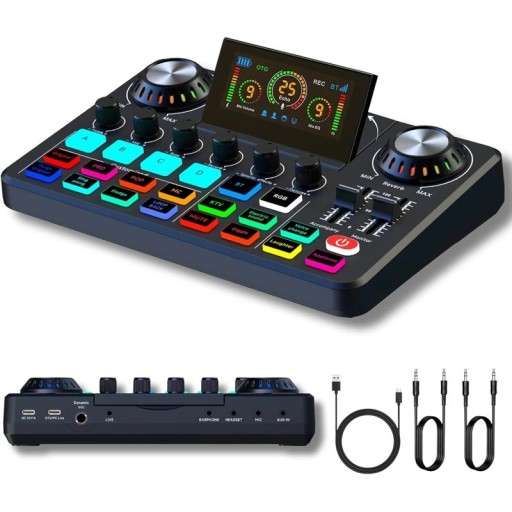 Audio mixconsole en live geluidskaart met stemveranderaar DJ-effecten en RGB-verlichting zwart 23 x 15 cm voor streaming en karaoke