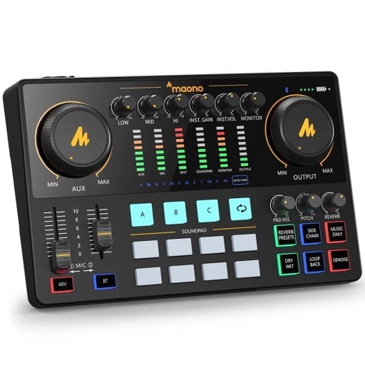 Audio rozhraní a mixážní pult pro podcast s Bluetooth 48 V fantomové napájení soundpad auto-tune a vestavěná baterie černé na streamování